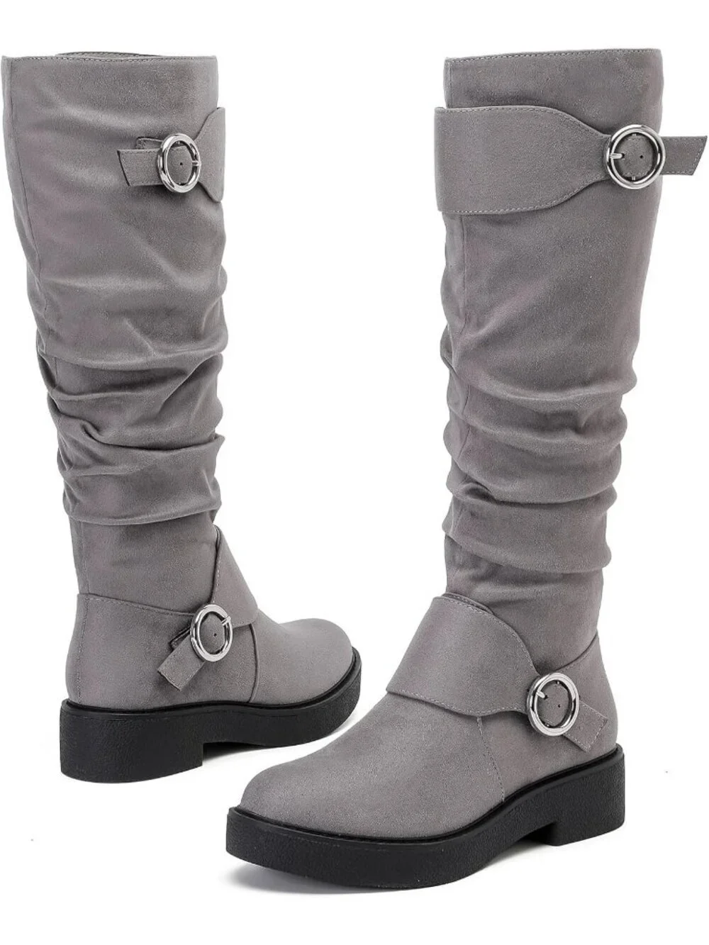 Women's Grey  Leather Rubber Slouchy Knee High Comfortable Stylish Tall Boots